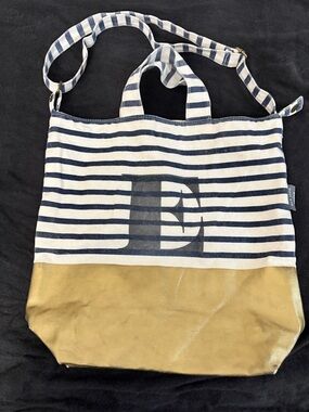 West Elm Striped Canvas Tote Navy White Gold Bottom Bag